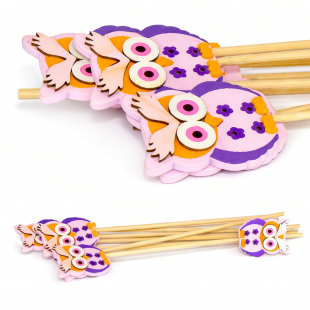 Bufnițe decorative din lemn roz-mov pe tijă 36 cm (10 buc)